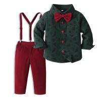 Ropa para niños Conjunto de camisa de manga larga para niños Corbata de moño Cárdigan estampado Traje de Navidad Vestido con tirantes - details 0