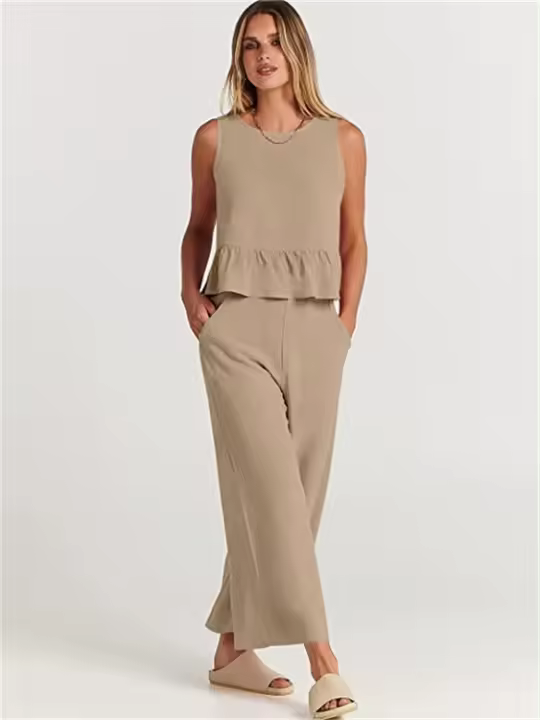 Conjunto de verano de dos piezas para mujer, suéter informal sin mangas, top y pantalones sueltos para mujer - 1