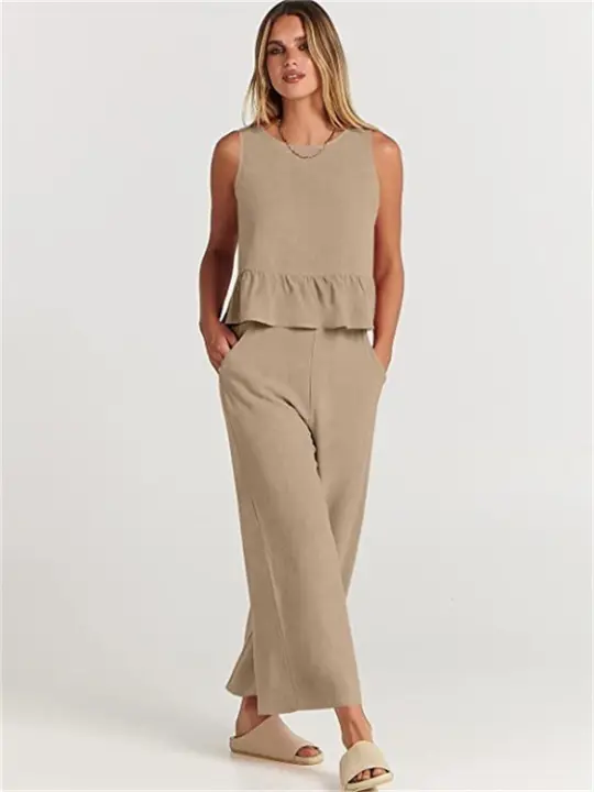 Conjunto de verano de dos piezas para mujer, suéter informal sin mangas, top y pantalones sueltos para mujer - 1