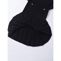 Otoño Invierno mujer dobladillo plisado Vestido corto de punto manga larga cuello redondo bolsillos frontales con botón Mini vestidos negro - details 8