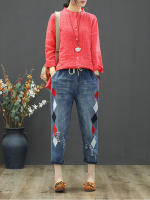 Vaqueros Elegantes de Verano para Mujer 2023 Diseño Bordado Holes Sueltos y Elásticos Pantalones Harem Pinchas de Algodón Denim Rasgado Vintage para Mujer Apto para Primavera/Verano - details 1