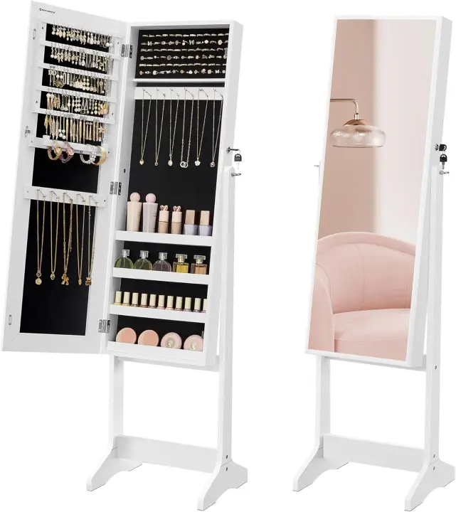 Armario para Joyas Bloqueable, Espejo de Longitud Completa, Montaje Sencillo, Superficie Blanca y Forro Beige - 1