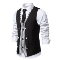Chaleco de Dos Piezas de Moda para Hombres en Otoño Cuello en V, Tela de Poliéster, Traje a Cuadros de Colorido, Estilo Británico Casual Vintage Gentleman Leisure - details 2