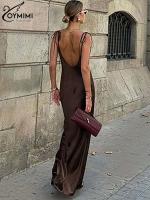 Oymimi elegante marrón delgado para mujer moda Spaghetti Strap espalda abierta vestidos Casual recto o largo vestido Streetwear - details 9