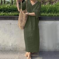 Vestido Maxi de Lino y Algodón para Mujer Cuello en V, Manga Corta, Botón, Moda de Playa de Verano - details 2