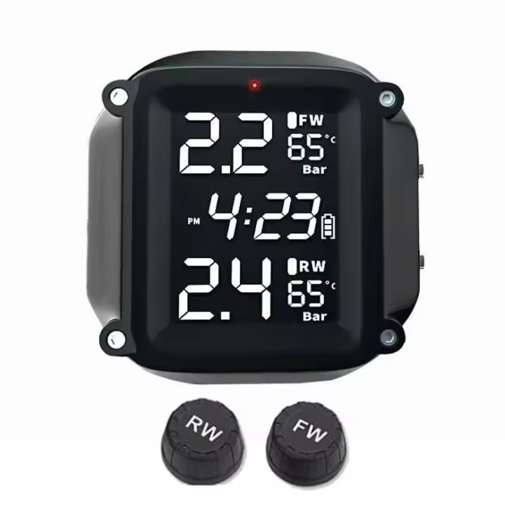 Sistema de supervisión de presión de neumáticos TPMS inalámbrico para motocicleta, 2 uds., Sensor externo, pantalla LCD de tiempo, alarma de Monitor de temperatura de neumáticos - 1