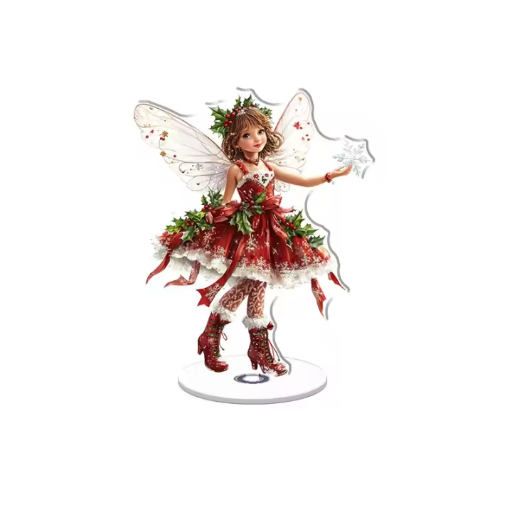 Adorno acrílico giratorio con una hada navideña con un vestido festivo adornado con acebo y sosteniendo un copo de nieve, perfecto para decoración navideña. - 1