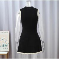 Vestido corto plisado de punto con bordes en contraste para mujer, minivestido elegante de cuello alto sin mangas, ajustado,2024 - details 1