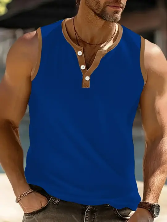 Camiseta informal sin mangas de colores contrastantes para hombre, camiseta básica elástica sin mangas, chaleco de playa, verano 2025 - 1