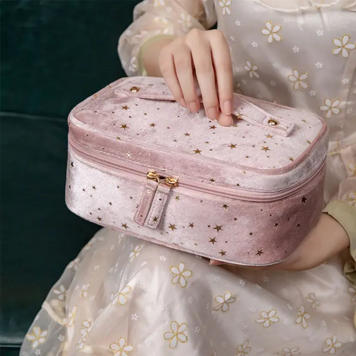 Bolsas de viaje portátiles para lavar, bolsas de almacenamiento, bolsa de cosméticos de terciopelo multifuncional bronceada, bolsas para lápiz labial, estuche de aseo, bolsa de maquillaje - 1