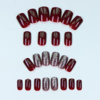 24PCS Uñas Postizas Cuadradas Rojo Tinto Con Inlay De Brillo Plateado Elegancia Exquisita Moda Generosa Para Citas Y Comidas - details 0