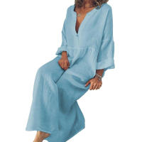 Vestido largo de lino y algodón para mujer, prenda informal de manga corta, Color puro, Y2K, 2024 - details 8