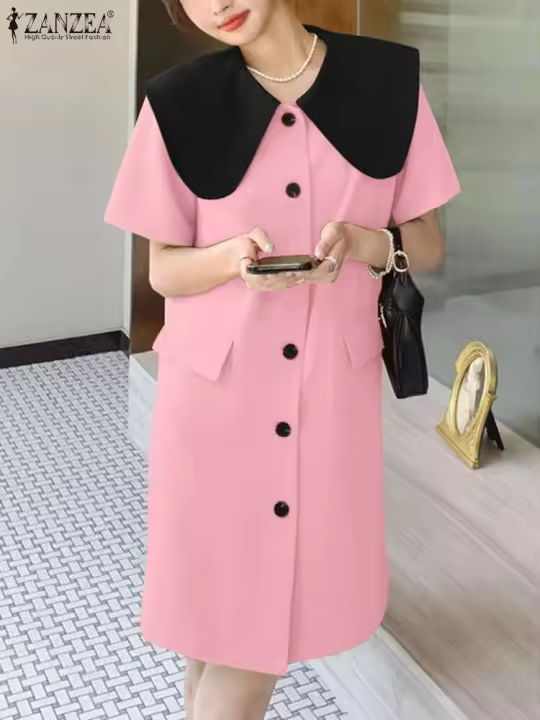 ZANZEA moda verano cuello de solapa vestido veraniego de manga corta Vestidos de oficina para mujer 2025 Casual Patchwork Vestidos de vacaciones bata Mujer - 1