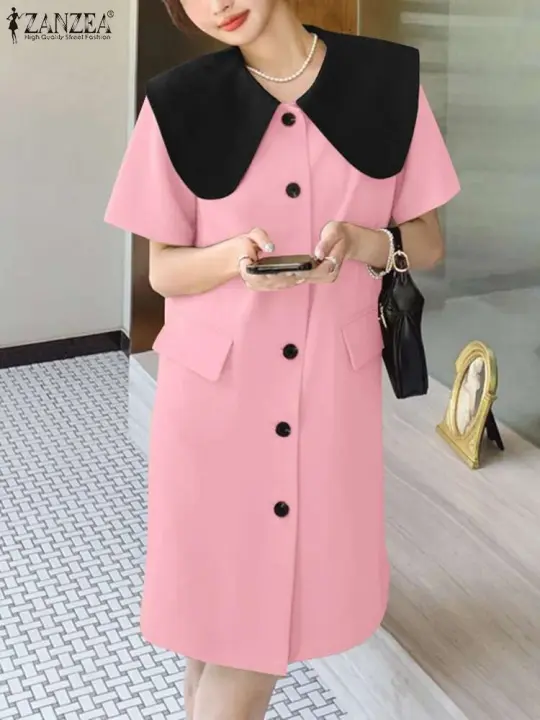 ZANZEA moda verano cuello de solapa vestido veraniego de manga corta Vestidos de oficina para mujer 2025 Casual Patchwork Vestidos de vacaciones bata Mujer - 1