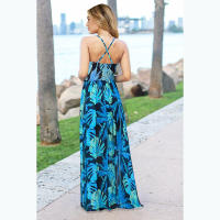 Vestidos largos con cuello en V para mujer, sin mangas, cintura alta, playa, Maxi, estampados azules S - details 4