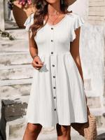 Nuevo vestido de manga corta elástico con cintura con botones y cuello en V para mujer - details 9