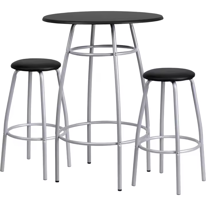 Juego de mesa de barra con taburetes acolchados, plateado, negro, 30" de ancho x 41.5" de alto - 1
