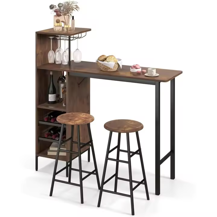 Juego de Mesa de Comedor de 3 Piezas Mesa de Comedor de Doble Nivel con 2 Taburetes de Bar, 3 Estantes, Soportes para Copas y Botellas, Mesa Alta de Cocina MDF - 1