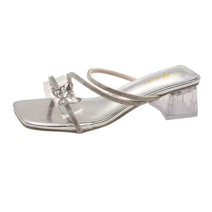 Sandalias de una palabra verano de las mujeres 2025 nuevo cristal tacón grueso tacón medio con falda temperamento plata tacones altos - 1