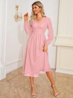 Vestido largo de manga larga con cuello en V para mujer, vestido elegante de corte en A, Color liso Vintage, estético, nuevo en oferta - details 1
