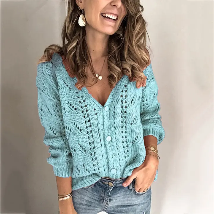 Suéteres De Punto Para Mujer, Mangas Largas Con Cuello En V, Tops De Otoño - 1