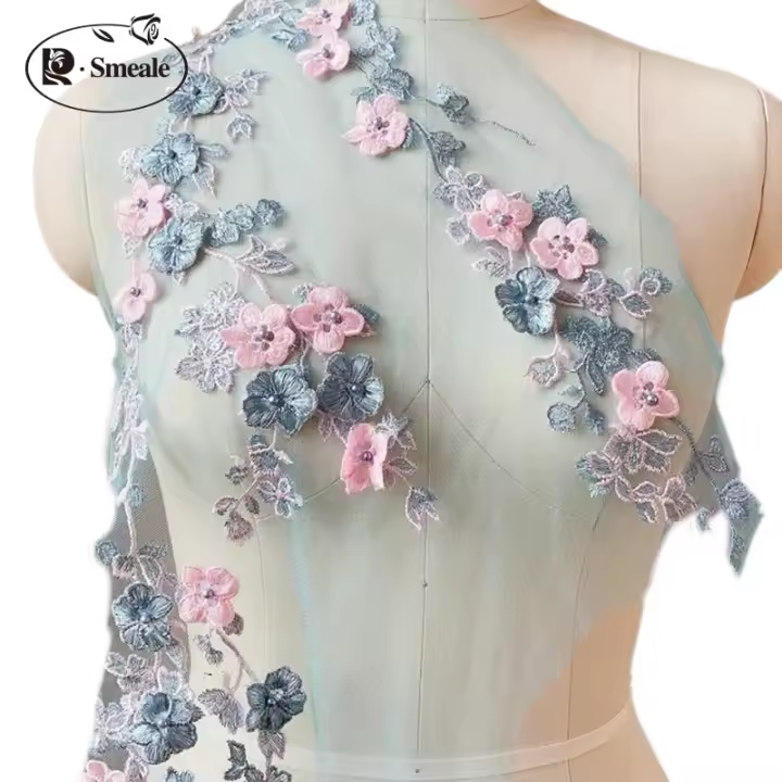 Velo de Flores de Encaje con Cuentas Aplicación de Flor de Ciruela 3D 5 Colores - 1