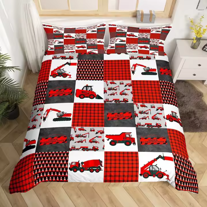 Juego de funda de edredón de camión con patrón de dibujos animados, funda de edredón de poliéster para coche, tamaño King Queen para niño, juego de cama para niño y niña con funda de almohada - 1