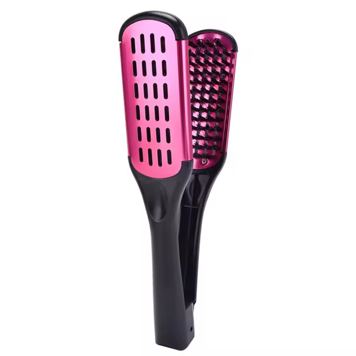 Cepillo de cerdas de jabalí de doble cara, pinza de peine, herramienta alisadora de pelo antiestática, peine de férula, rosa roja - 1