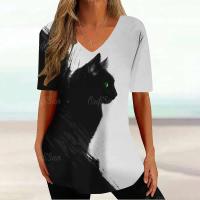 Camiseta Gráfica de Gato Kawaii Manga Corta, Estampado Haruku, Cuello en V, Ropa Suelta para Mujeres - details 15