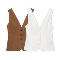 BUNO-Nueva moda para mujer, chaleco ajustado de algodón y lino con una hilera de botones, chaleco con cuello en V, chaleco retro para mujer, top elegante - details 1