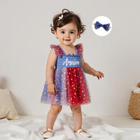 Pudcoco-Conjunto de 4 de julio para niña, pelele con estampado de estrellas y letras, vestido de malla con mangas voladoras y diadema con lazo, conjunto de 2 uds. - details 9