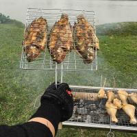 Rejilla antiadherente para parrilla de pescado, cesta Triple con mango de madera, herramienta de barbacoa, 1 piezas - details 2