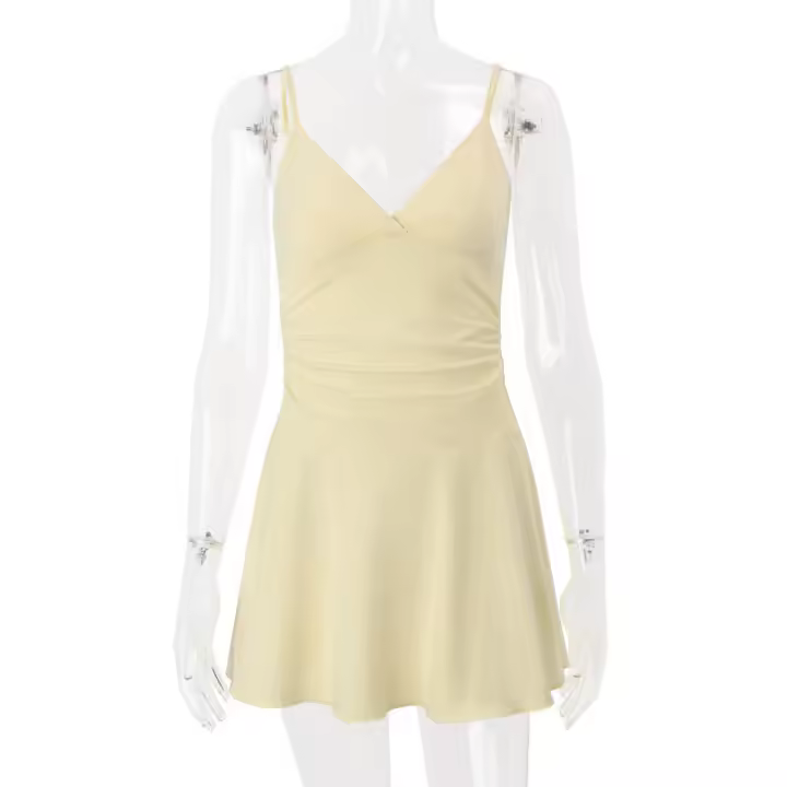 Vestido casual liso con hombros descubiertos, cuello en V, acampanado, sin mangas, estilo urbano, mini vestido, novedad de verano. - 1