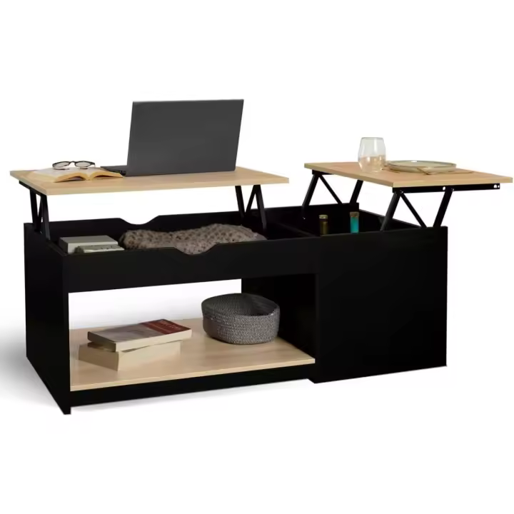 Mesa baja rectangular EYLA con 2 bandejas elevables y baúl de madera negra con forma de haya - 1
