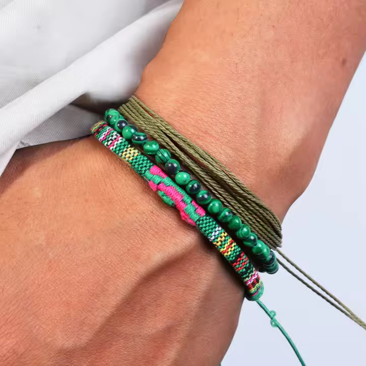 3 unids/set de pulsera trenzada para hombre, pulsera de pareja de piedra Natural, pulsera étnica bohemia de algodón y lino tejida a mano - 1