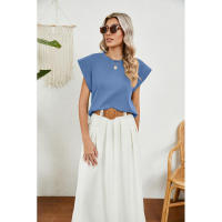 BUNO-2025 Tops para mujer, pantalón corto informal de moda de verano, camisetas básicas con textura a rayas de Color sólido y cuello redondo - details 43