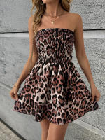 Vestido informal con gradas para mujer, falda de tubo halter sin mangas con estampado de leopardo, estilo festivo, color café - details 1