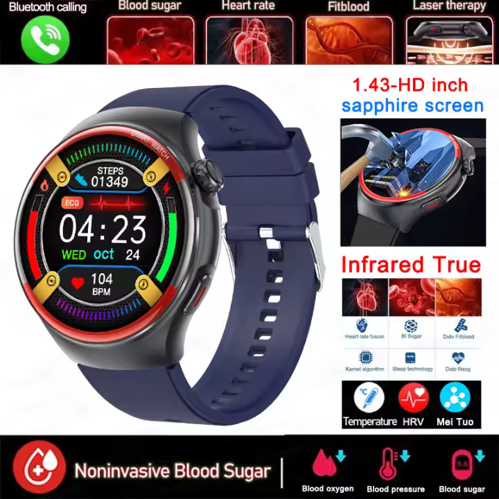 2025 nuevo Reloj inteligente de grado médico HRV para hombres azúcar en sangre presión arterial ritmo cardíaco 1,43 pulgadas Super Retina 360*360 Pantalla AMOLED 530mAh batería Bluetooth llamada salud Smartwatch - 1