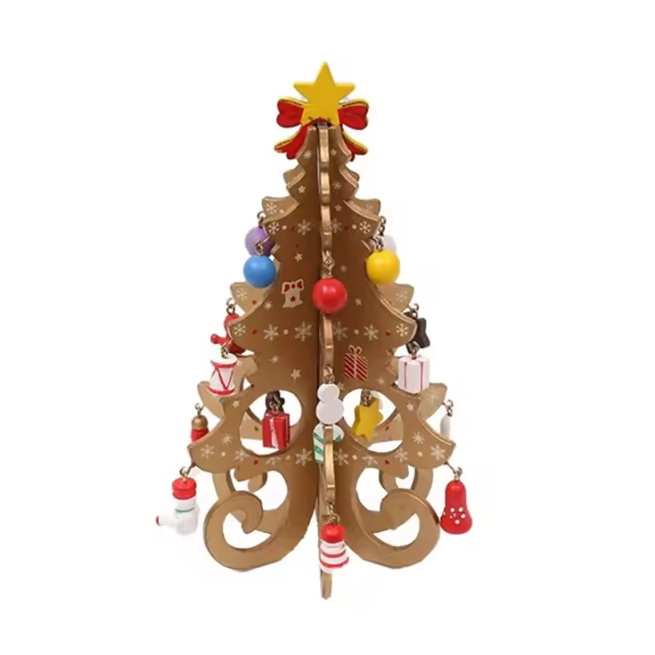 Decoración de árbol de Navidad de madera, árbol de Navidad de madera 3D vívido, fiesta de Navidad, amarillo, 6 piezas - 1