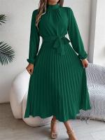 Vestido plisado elegante con cuello levantado y manga larga y cintura cerrada para mujer, vestido largo de Otoño Invierno - details 28