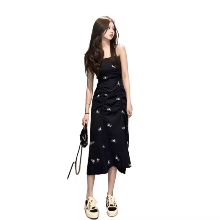 Vestido camisola floral negro para mujer, novedad de verano, estilo francés de alta gama, falda larga ceñida a la cintura y adelgazante - 1