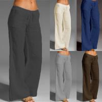 Pantalones de pierna ancha de lino y algodón para mujer, pantalón largo recto con cintura elástica y cordón, holgado e informal, con bolsillos lisos - details 11