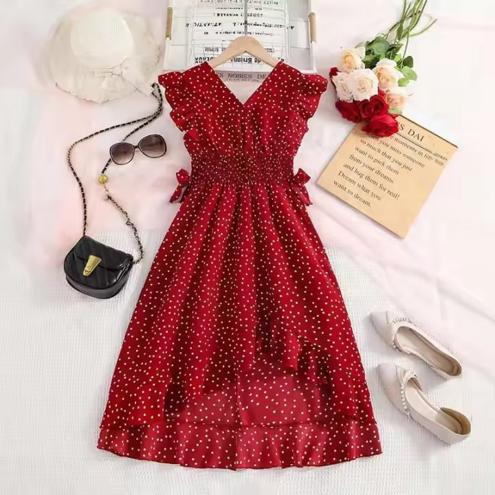 Clásico rojo verano novedad niña Retro vestido Lunar vacaciones diario Casual fiesta de cumpleaños moda para niños de 8 a 12 años - 1