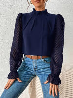 Jersey elegante de Cuello medio alto para mujer, de Color sólido Camisa de gasa, blusa de manga larga con volantes ondulados, Tops sueltos informales para mujer, novedad - details 23
