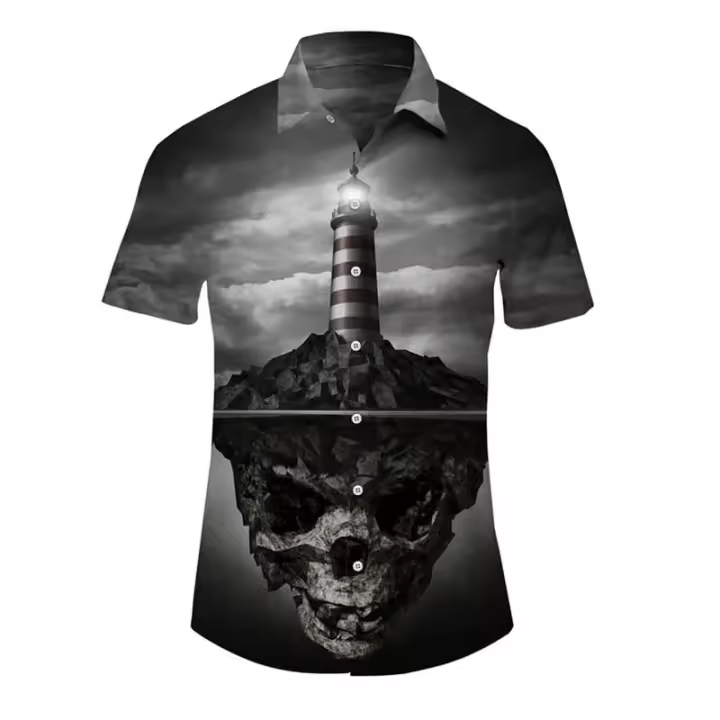 Camiseta Casual Hip-Hop para Hombres Manga Corta, Estampado de Calavera, Talla Grande, Ropa Casual Hawiana, Botones de Escote, Moda Callejera Vintage - 1