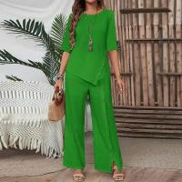 Conjunto de dos piezas de pantalón con dobladillo irregular y camisa holgada de media manga con botones, estilo casual y elegante para mujer - details 3