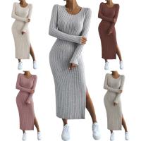 Mia Muse Otoño/Invierno ropa de mujer de tela a rayas, abertura básica elástica con cuello en U, falda larga informal Maxi - details 8