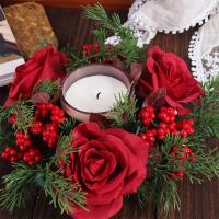 Corona de vela navideña de flores artificiales, anillos de vela románticos de 30CM, suministros de fiesta de rosas rojas, corona de candelabro, decoración navideña - details 1