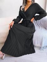 Vestido largo plisado con dobladillo grande para mujer, vestido cruzado de Color liso con cuello en V, moda de primavera y verano - details 10