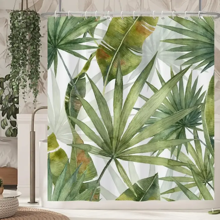 Cortinas de ducha con plantas tropicales, decoración nórdica de poliéster con ganchos, color Beige, verde, hojas de palma, Baño - 1